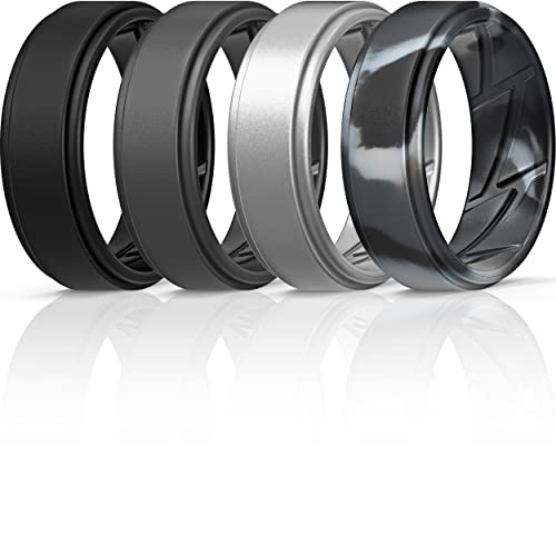 ThunderFit Silicone Wedding Rings for Men Breathable Airflow Inner Grooves, Step Edge Sleek Design Rubber Engagement Bands 8mm Wide 2mm Thick, Variety Multipack 4-7, 6.5 - 7 (17.35mm), Silicone,Silver