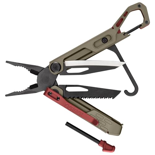 Gerber Multi-Tool mit 10 Funktionen, Stakeout Spark, Camping-Tool mit Frame-Lock Verriegelung, Zange, Feuerstarter, Karabiner u.v.m., Coyote Brown, 1070226