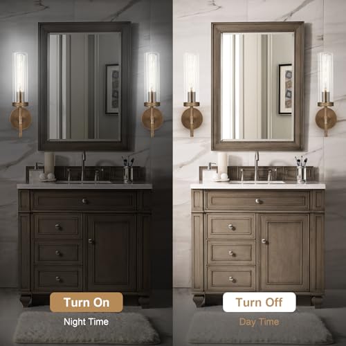 Image of Bronze Wall Sconces Set of Two with White Light, 15'' Brushed Brass Knurled Bathroom Vanity Light with Clear Glass for Living Room Mirror Bedroom Stairs