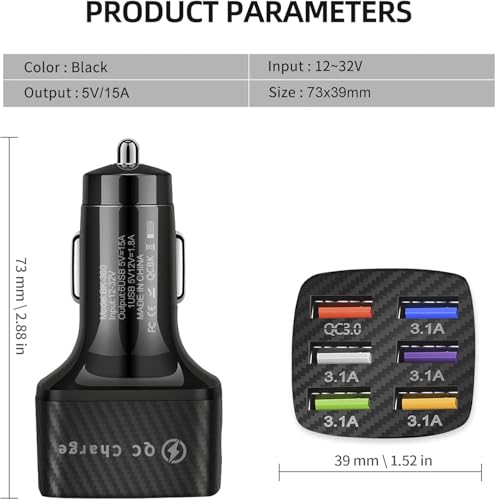 Amiss Car Charger Adapter, 6 USB Multi Port, Fast Charger, Include QC 3.0 and 5 Other Ports, Car Interior Accessories, Fit for iPhone 17/16/15/14/13Pro Max, Samsung, Android (Black 2pcs) - Thumbnail 2