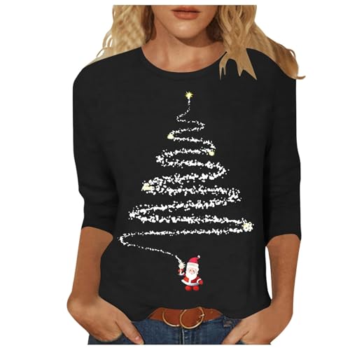 Weihnachtsshirt Damen 3/4 Arm Elegant Weihnachts Tshirt Weihnachtsbluse Bluse Weihnachten Oberteil Christmas T Shirt Lustig Langarm Frauen...