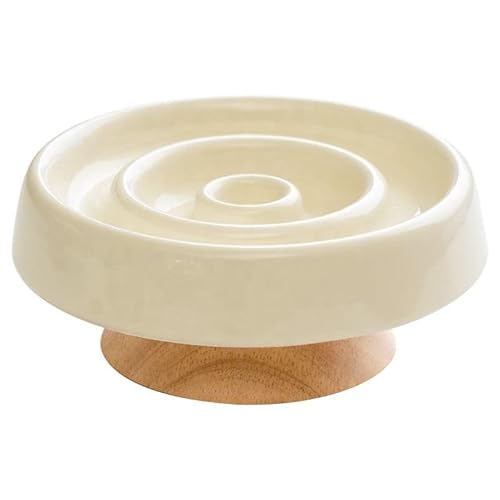 RVXHUA Ceramic Slow Feeder Cat Bowl 15.5cm, Anti-Gulping Cat Food Bowl for Indoor Cats, Raised Cat Bowl with Wooden Stand, Elevated Pet Bowl for Cats and Small Dogs (White, Bowl with Stand)