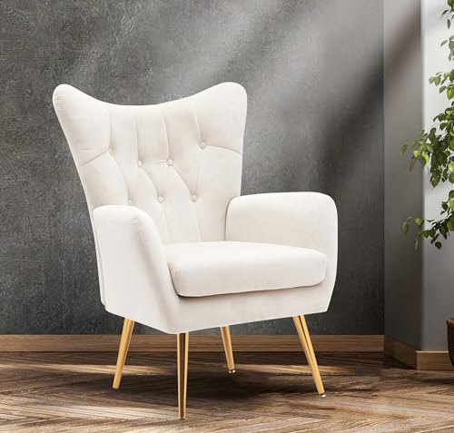 Mid-Century Velvet Accent Armchair, Button-Tufted Wingback, Gold Legs, Ivory