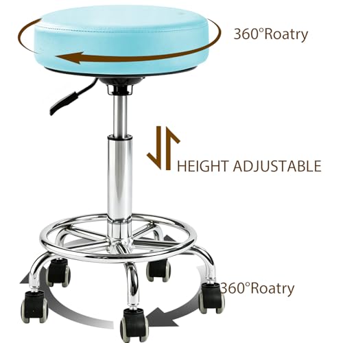Image of Rolling Stool with Wheels - 500lbs,Thick 9.5cm Cushion, Height Adjustable | PU leather|Swivel silent rubber casters|Foot pedal ring|space-saving|For Drafting salon tattoo clinic garage home office
