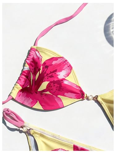 Image of RoseSeek Women's Floral Print Cheeky Bikini Sets Pearl Decor Halter Triangle High Cut String Thong Swimsuits