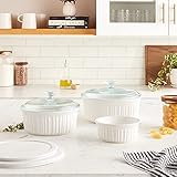 CorningWare French White 7-Pc Ceramic Bakeware Set with Lids, Chip and Crack Resistant Stoneware Baking Dish, Microwave, Dishwasher, Oven, Freezer and Fridge Safe