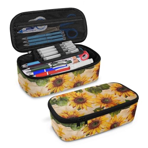 Image of Sunflower Vintage Large Pencil Pouch for Women Girls Aesthetic Pencil Case with Pen Slot Kids Pencil Bag for Eleementary Children Boys Pencil Container for Teens Students Pencilcase