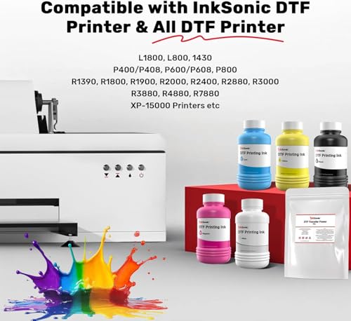 Image of InkSonic 1500ML DTF Ink, Premium DTF Transfer Ink for PET Film, Refill, Compatible for DTF Printer L1800, R1390, L805, L800, DX7, XP600, I1600, ET-8550, XP15000, Direct to Film (250ml x 6, CMYKWW)