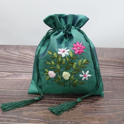 Handmade Ribbon Embroidery Large Jewelry Gift Bags Tassel Satin Cloth Storage Packaging Bag Empty Sachet Lavender Pouch (green, 10)