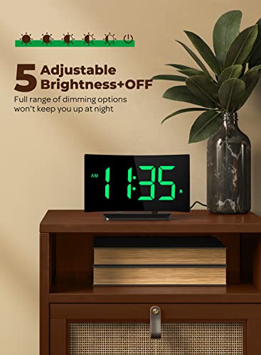Digital Alarm Clocks For Bedrooms, Digital Clock With Led Curved Screen Display, 5 Adjustable Brightness+Off, 3 Ringtones, 2 Levels Volume, 12/24H, Snooze, Outlet Powered Bedside Clock For Kids Adults #TOP1