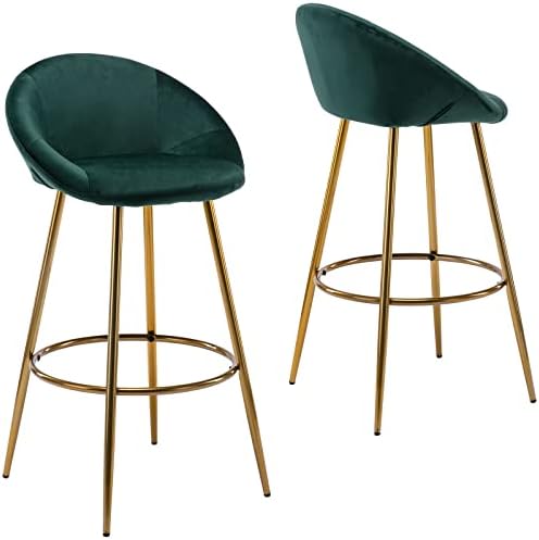 Modern Velvet Bar Stools Set of 2, Accent Upholstered Chairs, Low Round Back Stool with Footrest，Pub Height Home Bar Dining Chairs (Dark Green)