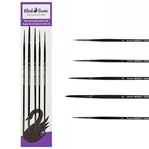 Black Swan Synthetic Red Sable Paint Brushes Round Set of 5 - Professional Quality Long Handle Paint Brushes for Oil, Heavy Body Media and Acrylic - Artists of All Levels