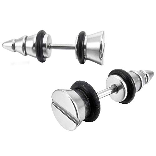 Multii Men's Stainless Steel Stud Earrings Rubber Silver Gold Tone Black Screw Spike Plug Tapers (silver)
