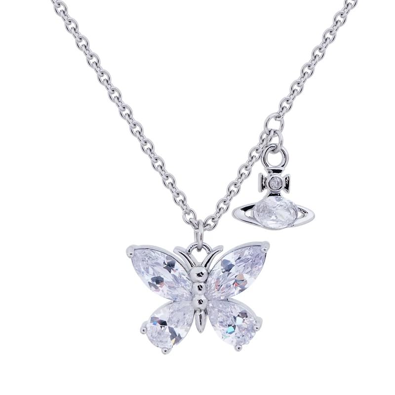 ZHAOZHAO Colorful Butterfly Necklaces of Saturn for Women - Punk Zircon Butterfly Saturn Pendant Necklace(Silver) - Main Image