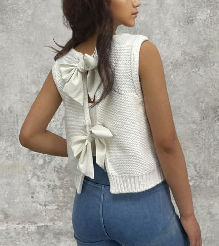 Image of chouyatou Women's Y2K Backless Crop Sweater Vest Back Tie Knot Crewneck Sleeveless Knit Vest Tank Tops