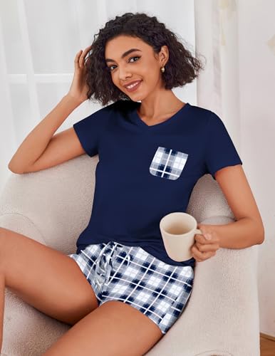 Image of Ekouaer Womens Pajama Sets Short Sleeve Pajamas for Women Sets Soft Lounge Sets Casual V Neck Sleepwear PJS