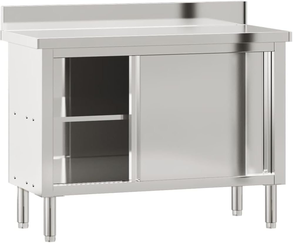 vidaXL Commercial Stainless Steel Kitchen Work Table with Sliding Doors – Silver, Adjustable Feet, Assembly Needed, for Restaurant & School