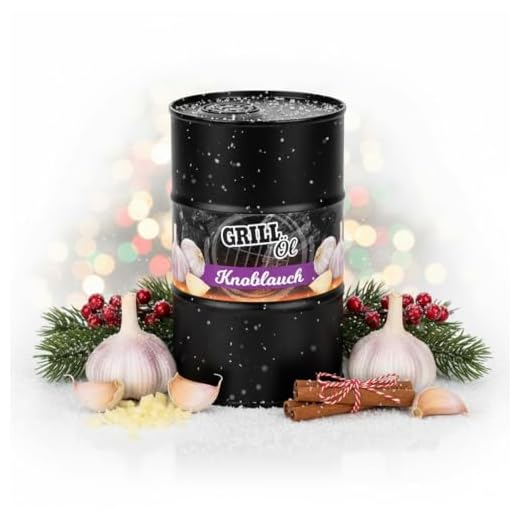 Odenwälder Lebensmittel Grill-Öl mit Knoblauch-Geschmack, Aromatisches Knoblauch-Öl aus frischem Knoblauch & Sonnenblumenöl im Ölfass-Design – Made in Germany – 500ml (Knoblauch)