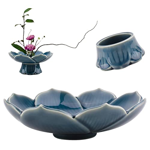 CRAFFANCY Flower Arranging Supplies, Cyan-blue Lotus Flower Vase Ceramic Flower Pot for Ikebana Floral Art Fruit Dish Home Decoration Indoor Outdoor