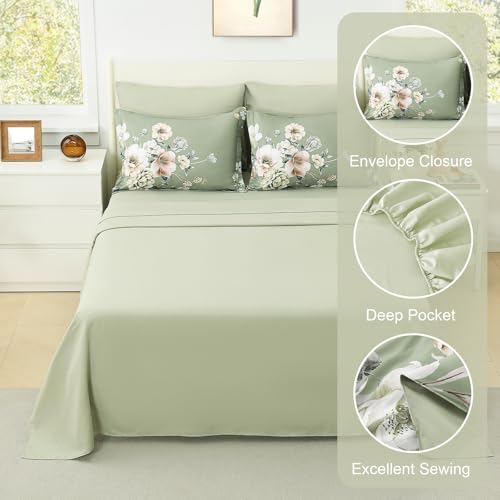 Image of Floral King Size Comforter Set - 7 Piece Botanical Green Flower Bed in a Bag Ulter Soft Microfiber Bedding Set, Lightweight Bed Comforter Set with Sheets for All Season (Green, King)