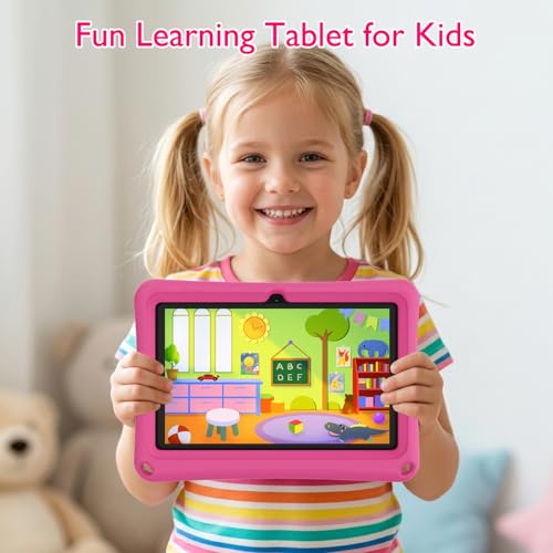 Image of Kids Tablet 7 inch Android 12.0 for Toddler, 4GB RAM 32GB ROM Bluetooth IPS Screen Parental Control Dual Camera Shockproof Case for Educational Games (Pink)