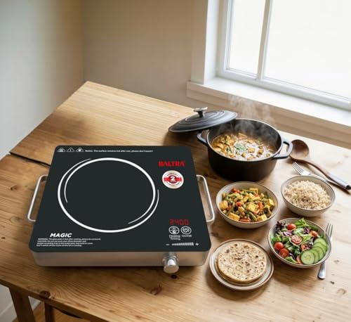 Image of BALTRA Magic 2400 W Infrared Induction Cooktop with Free Stainless Steel Grill for barbecue | Auto Shut Off & Overheat Protection Multi Power Level Function, Digital Display (Black, Touch Control)