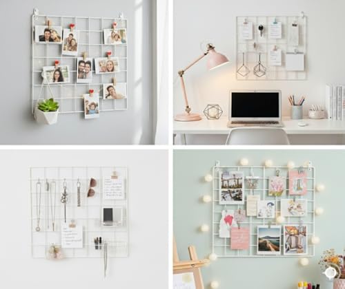 Image of Metal Grid Wall Panel, Photo Display Board with Clips, Square Mesh Frame, (WHITE, 30 X 30 Cm (Pack of 01))
