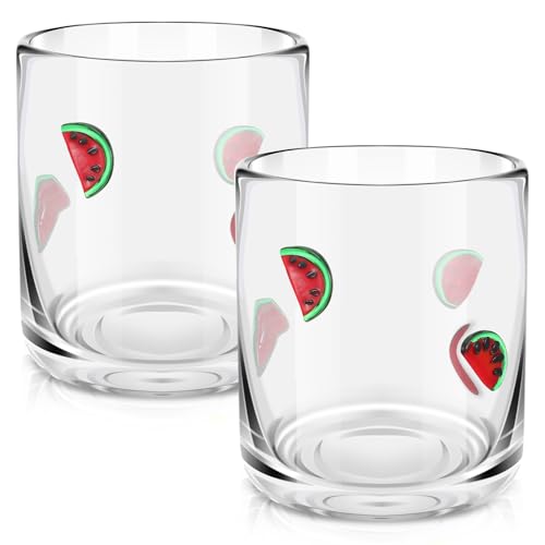 SiliFine 2 PCS Watermelon Icon Juice Glasses, 14oz Watermelon Stemless Wine Drinking Juice Glass Cup for Summer Party Supplies Gift