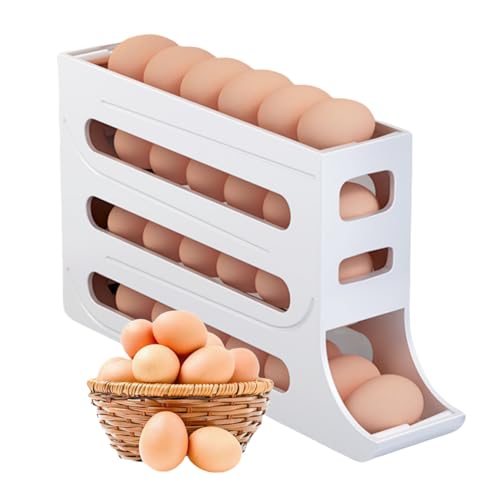Image of Egg Holder for Refrigerator - 4-Layer Rolling Dispenser, Large Capacity Container Tray for 28 Eggs (White)