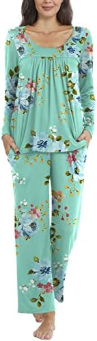 TAOHUADAO Womens Fall 2 Piece Pajama Sets, Long sleeve Pleated Tunic Tops with Comfy Pants, Lounge Sleepwear Ladies Pjs Sets with Pockets XL, Mint Green