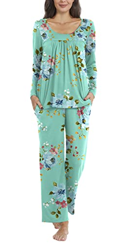 Taohuadao Womens Fall 2 Piece Pajama Sets, Long Sleeve Pleated Tunic Tops With Comfy Pants, Lounge Sleepwear Ladies Pjs Sets With Pockets Xl, Mint Green #TOP15