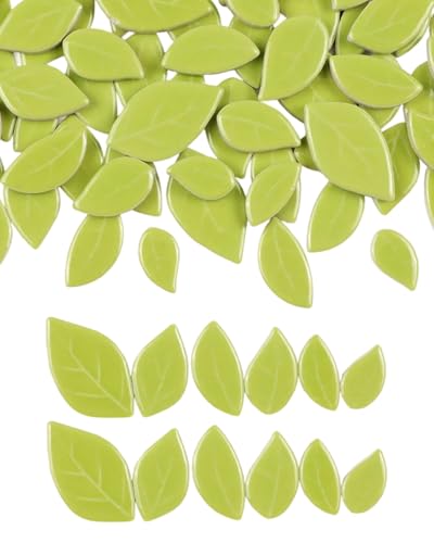 200g Mixed Sizes Leaves Mosaic Tiles for Craft Bulk, Small Ceramic DIY Stepping Stone Kit, Glazed Porcelain Tiles for Coasters Lamp Bathroom Decorations (Lime Green)