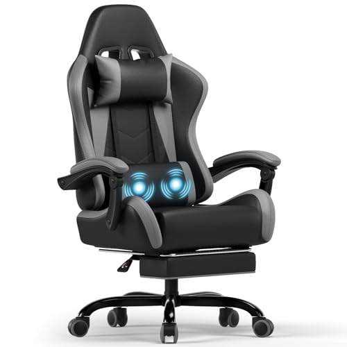 Devoko - Devoko Chaise de jeu massante avec repose-pieds télescopique, chaise gamer avec coussin lombaire et appuie-tête, ergonomique, chaise de bureau, dossier réglable 90°-135°, charge 150 kg (gris)