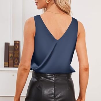 Dames Zijden Satijn Dressy Basic Tank Tops Werk Casual Zakelijke V-hals Mouwloze Mode Shirts Losse Fit Hemdje Lente Tank Top Uitgaan Y2K 2026 Trendy Leuke Zomer Vrouwen, marineblauw, M