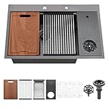 33 Inch Drop In Kitchen Sink with Glass Rinser-PEPO 33 x 19 x 10 Inch Black Kitchen Sink 16 Gauge Stainless Steel Single Bowl Worksation kitchen sinks with Accessories