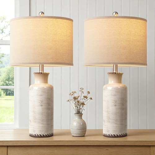 QiMH 25" Modern Lamps for Living Room, Unique Flowing Glazes Ceramic Table Lamp Set of 2 with Linen Lampshade, Beige Rustic Farmhouse Beside Lamps for Bedroom Nightstand Home Decor(Bulb Included)