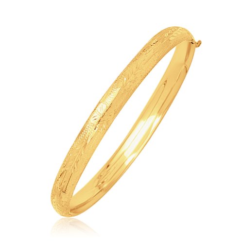 14k Yellow Gold Dome Motif Bangle with Diamond Cuts – Fancy Gold Jewelry with Side Clasp – 5 1/2 Inch Gold Bangle Bracelet