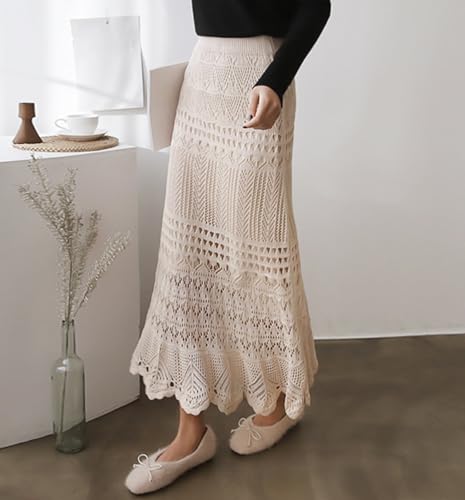 Women's Hollow Skirt Slim Fit Knitted Elastic High Waist Lace Floral Plus Size Medium Length Fishtail Skirts3