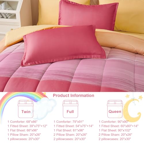 Image of Dinjoy Girls Comforter Set Twin Size 5 Pieces Bed in A Bag Colorful Ombre Pink Yellow Rainbow Bedding Set for Kids Teen (1 Comforter, 1 Flat Sheet, 1 Fitted Sheet, 1 Pillow sham, 1 Pillowcases)