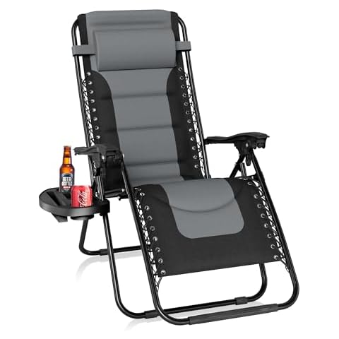 PHI VILLA Padded Zero Gravity Lounge Chair Folding Patio Recliner with Adjustable Headrest & Cup Holder, Support 350 LBS (Grey) Cover