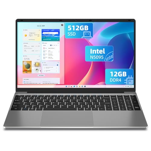 SGIN Laptop 15.6 Inch, 12GB RAM LPDDR4 512GB SSD, PC Computer with Intel Celeron N5095 Processor(Up to 2.9GHz) 1920 * 1080 IPS FHD Screen, BT5.0, Dual-Band WIFI, 53200 mWh Battery, USB3.2 * 2, Type-C