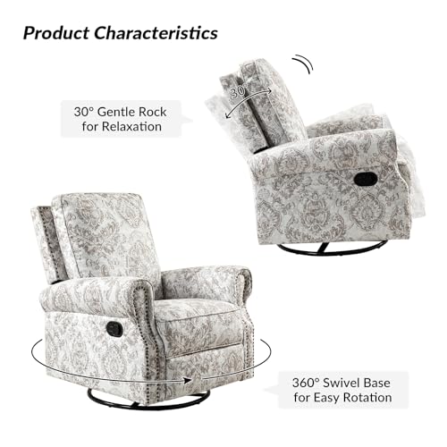 HULALA Home Swivel Rocker Recliner Set of 2, Modern Printed Fabric Swivel Recliner Chair for Adults Glider with Adjustable Backrest & Footrest, Beige - Thumbnail 4
