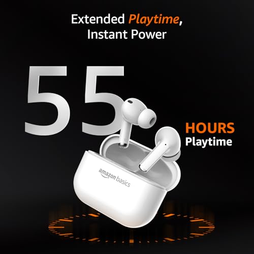 Image of Amazon Basics TWS Wireless in Ear Earbuds, Bluetooth 6.0 Earphones with Mic, 55H Playtime, Bluetrum 5656A Chipset, Compact 500 mAh Charging Case, Clear Calls, Ergonomic Design (White)