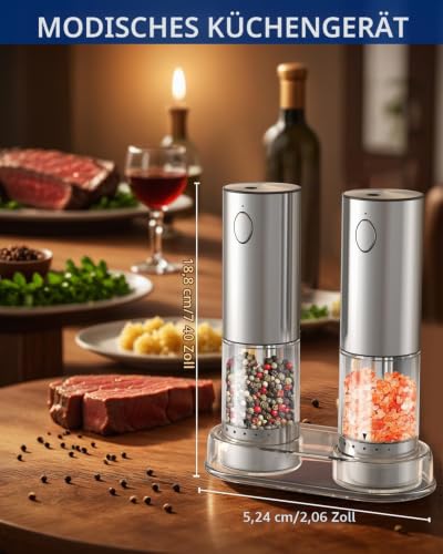 CIRCLE JOY Wiederaufladbares Elektrisches Salz und Pfeffermühlen Set aus Edelstahl mit Sockel mit 95ml Transparenter Behälter… – Ansicht 6