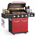HUGROVE 4-Burner Liquid Propane Gas Grill with Clear-View Window, 56,000 BTU Outdoor BBQ Grilling Station with Side Burner, 677 sq.in Grill with Cast Iron Grates for Backyard Party (Black Red)