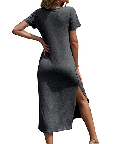 Image of Dyexces Women Summer T Shirt Dress Casual Short Sleeve V Neck Maxi Dresses Loose Side Slit Long Tshirt Dress with Pockets
