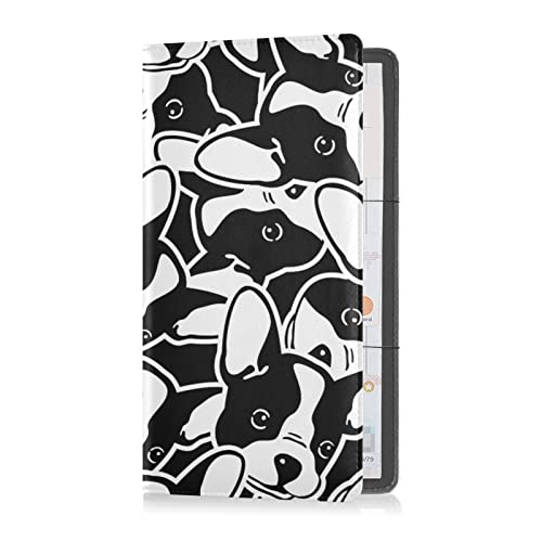 Seamless Black White Doodle Dog Head French Bulldog Puppy Face Car Registration and Insurance Card Holder, PVC Leather Vehicle License Document Glove Box Organizer, Car Wallet Case for Driver