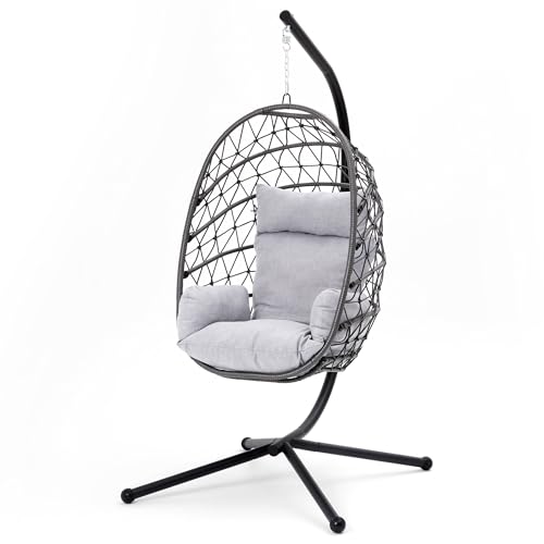 FansaFurn Hanging Egg Chair, Swing Chair with Stand, Hammock Chair Indoor, Patio Boho Wicker 350lbs Capacity, Swing Chair for Bedroom Garden, Balcony, Black & Gray