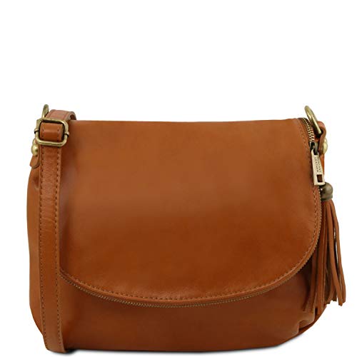 Tuscany Leather TLBag Sac bandoulière Besace en Cuir Souple avec Pompon Cognac Cover