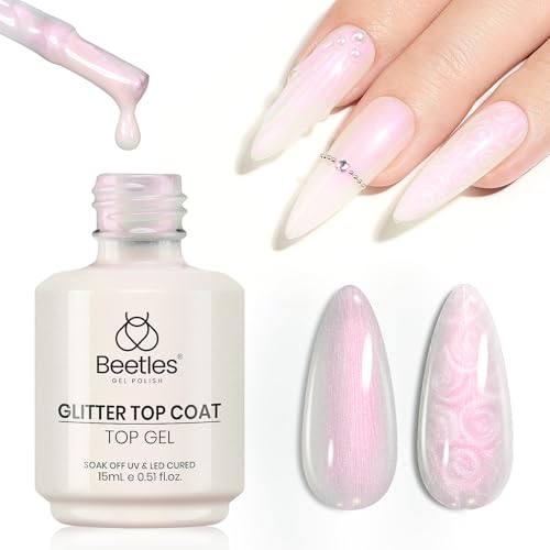beetles Gel Polish 2 In 1 Pearlescent Glitter Gel Top Coat，Pearl Gel Nail Polish Glossy Shiny Gel Nail Polish No Wipe Gel Top Coat Soak Off UV Led Long Lasting Highly Shine Manicure